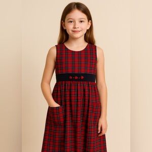 Hartstrings Girls Dress 12 Red Navy Plaid Sleeveless Cotton Flannel Apples 38”